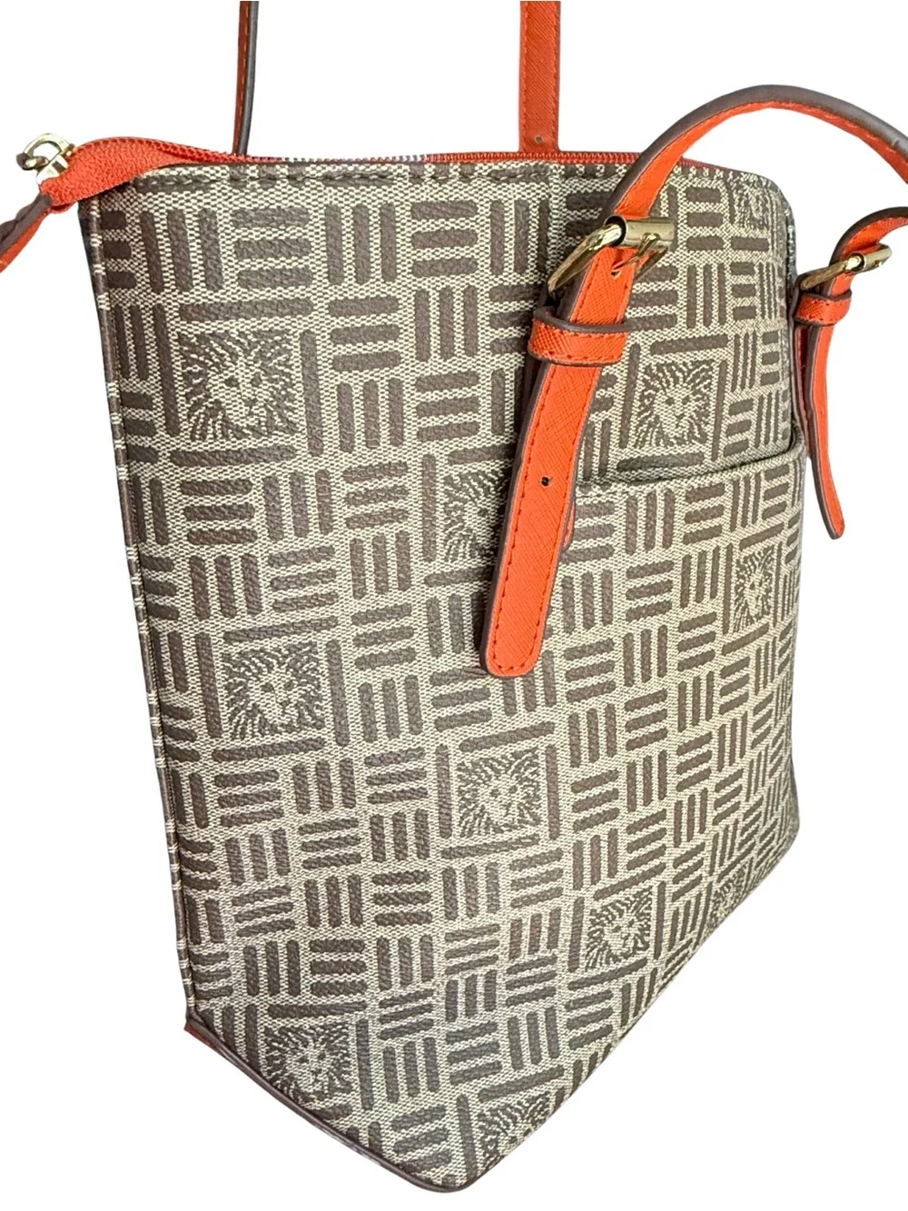 Anne Klein Brown Logo Monogram Tote Bag Orange Trim Shoulder Purse